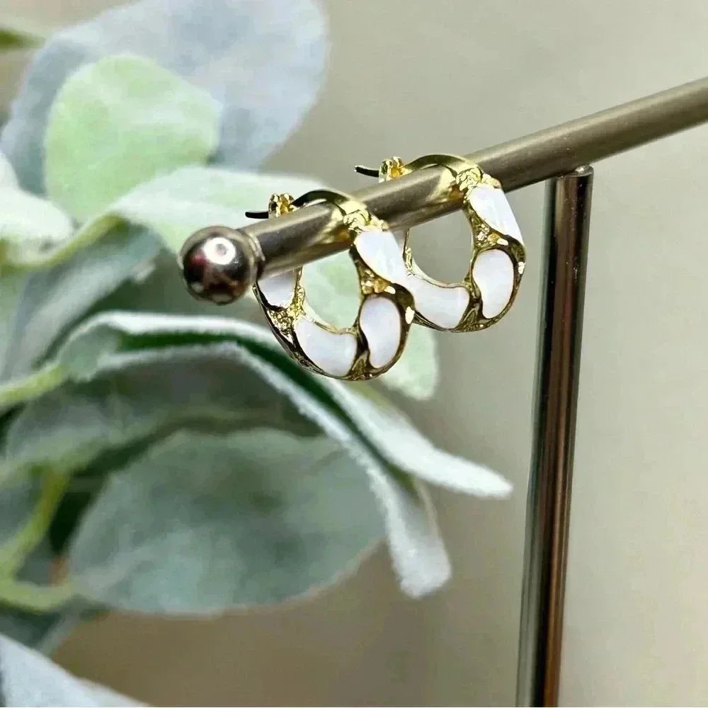 18K Gold Plated White Enamel Hoop Earrings with Little Rhinestone Accents - Picture 3 of 4